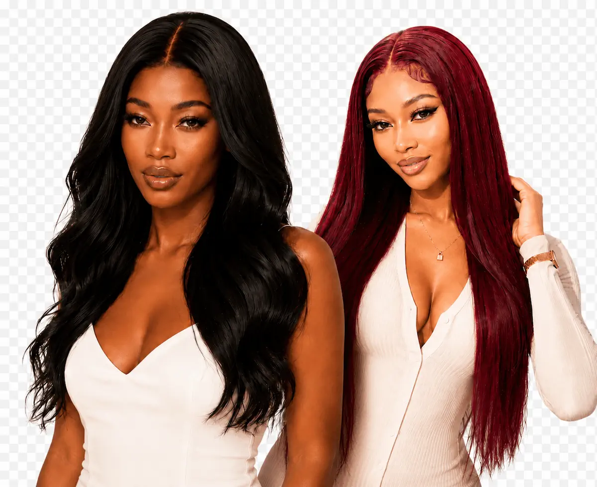 Lewis & Ailsa models wearing premium human hair wigs in black body wave and burgundy straight styles
